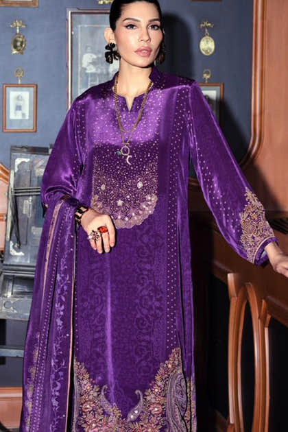 Purple Printed and Pitta Handwork Viscose Crepe Unstitched Suit Material