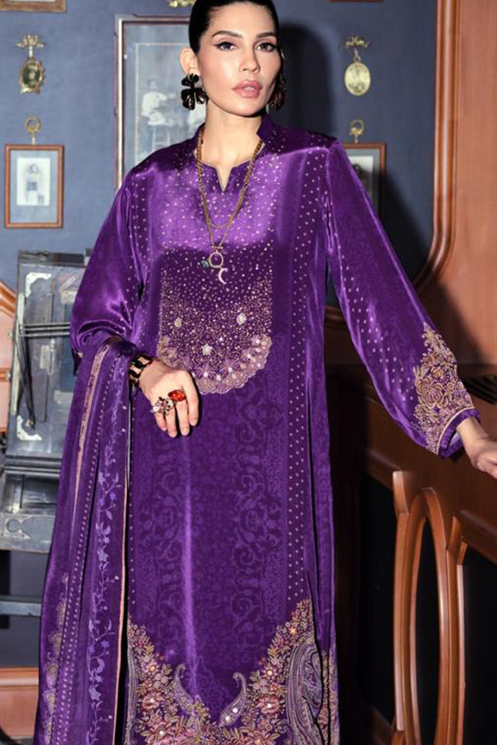 Purple Printed and Pitta Handwork Viscose Crepe Unstitched Suit Material