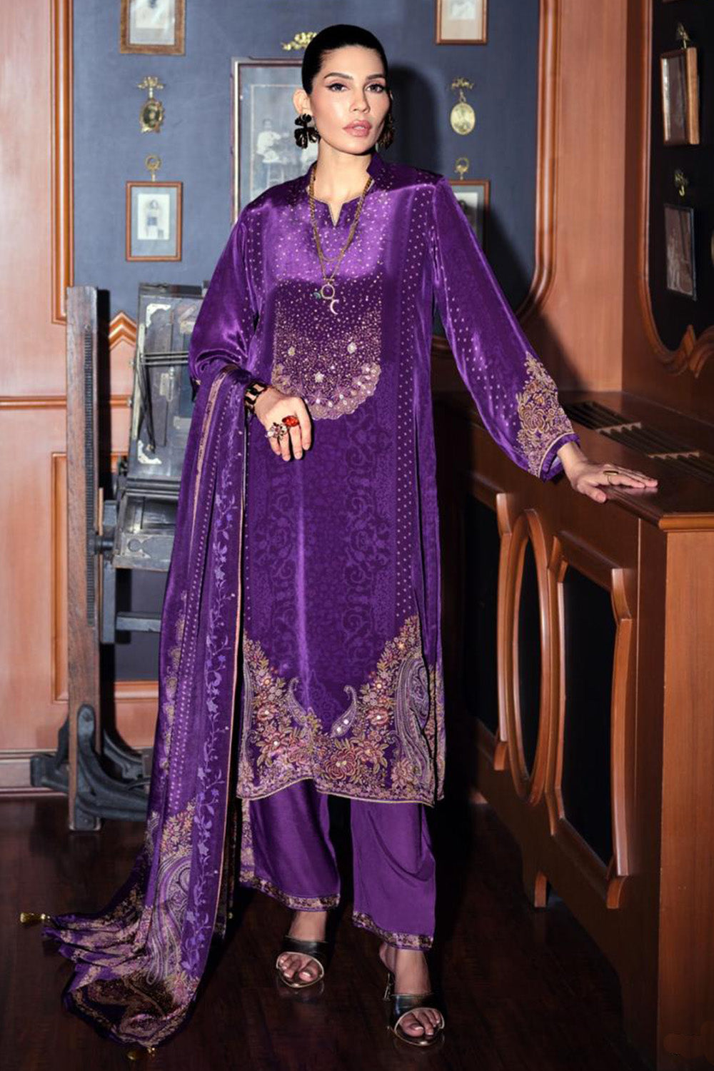 Purple Printed and Pitta Handwork Viscose Crepe Unstitched Suit Material