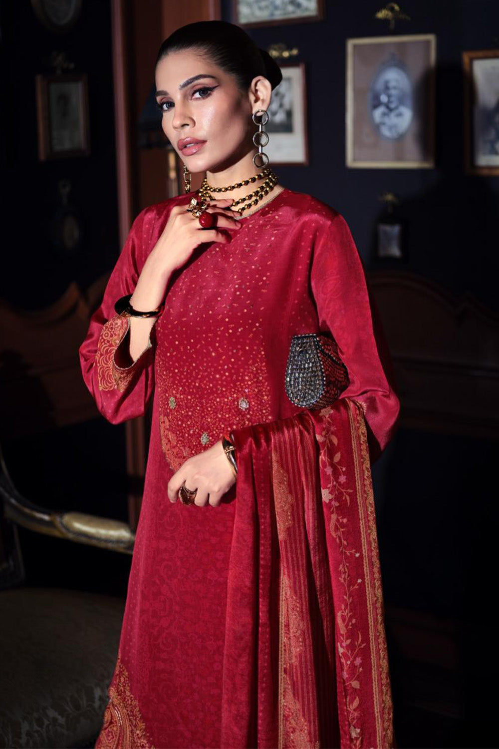 Red Printed and Pitta Handwork Viscose Crepe Unstitched Suit Material