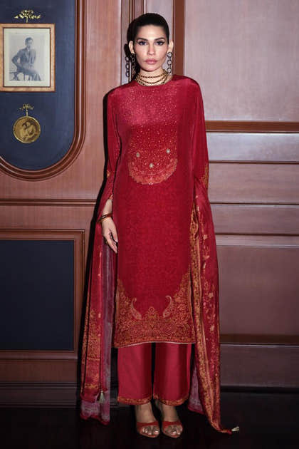 Red Printed and Pitta Handwork Viscose Crepe Unstitched Suit Material