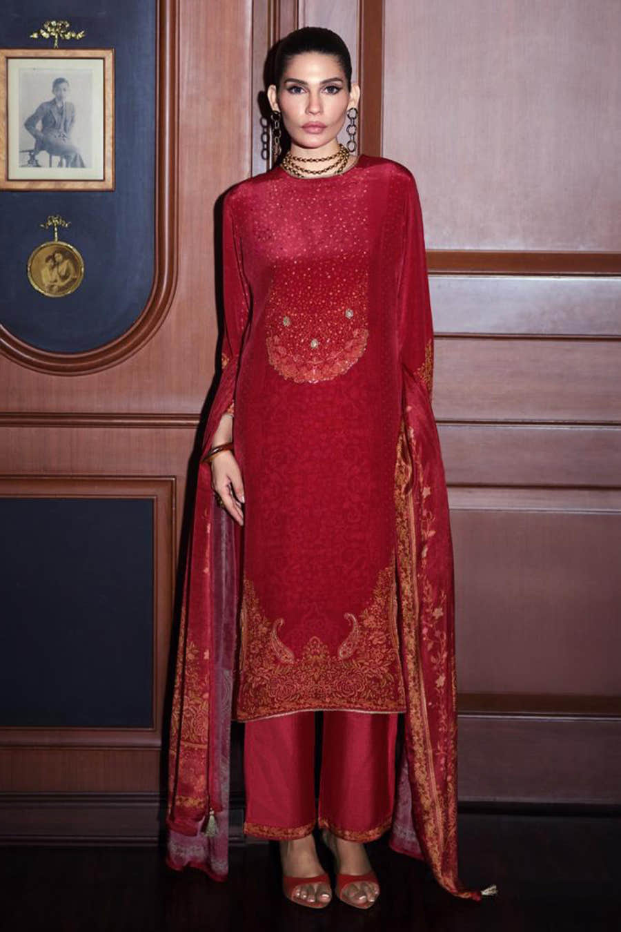 Red Printed and Pitta Handwork Viscose Crepe Unstitched Suit Material