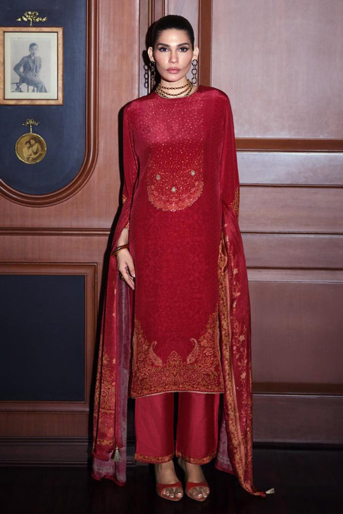 Red Printed and Pitta Handwork Viscose Crepe Unstitched Suit Material