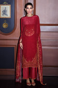 Red Printed and Pitta Handwork Viscose Crepe Unstitched Suit Material