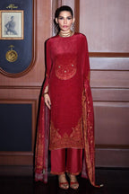 Red Printed and Pitta Handwork Viscose Crepe Unstitched Suit Material