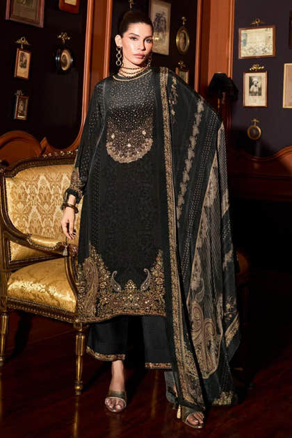 Black Printed and Pitta Handwork Viscose Crepe Unstitched Suit Material