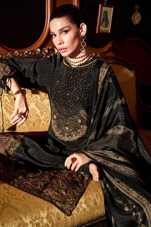 Black Printed and Pitta Handwork Viscose Crepe Unstitched Suit Material