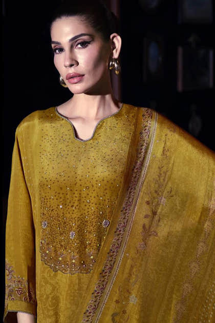 Mustard Printed and Pitta Handwork Viscose Crepe Unstitched Suit Material
