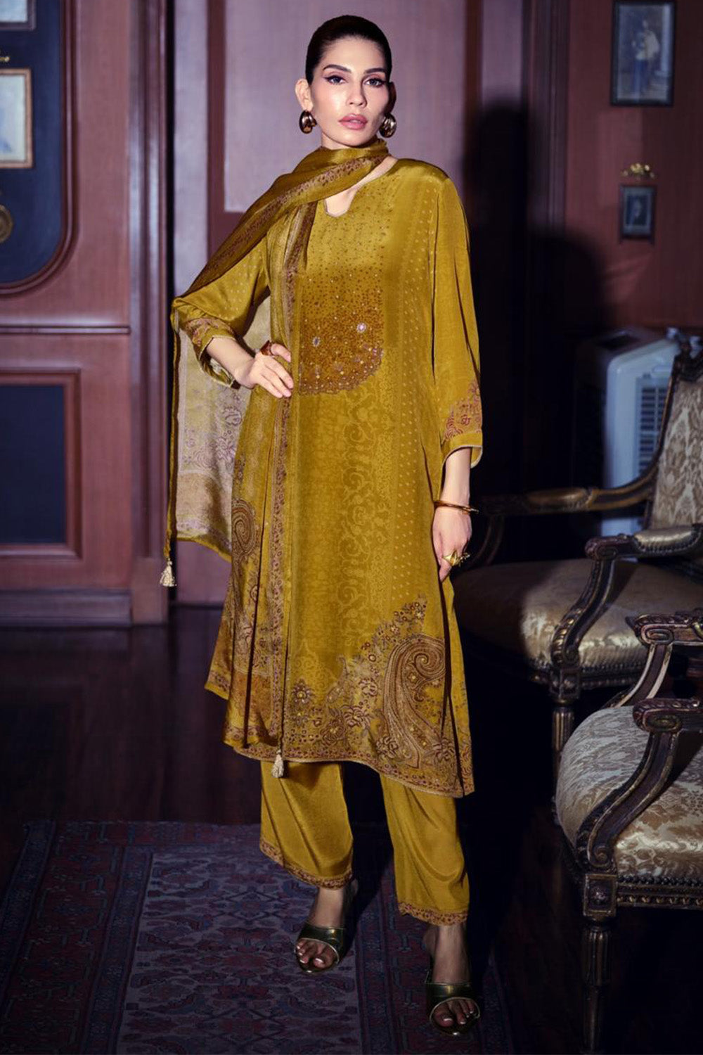 Mustard Printed and Pitta Handwork Viscose Crepe Unstitched Suit Material