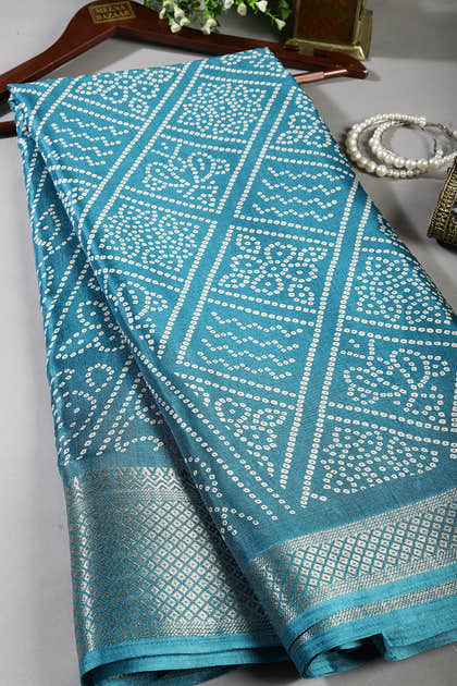Turquoise Color Block Printed Cotton Silk Saree
