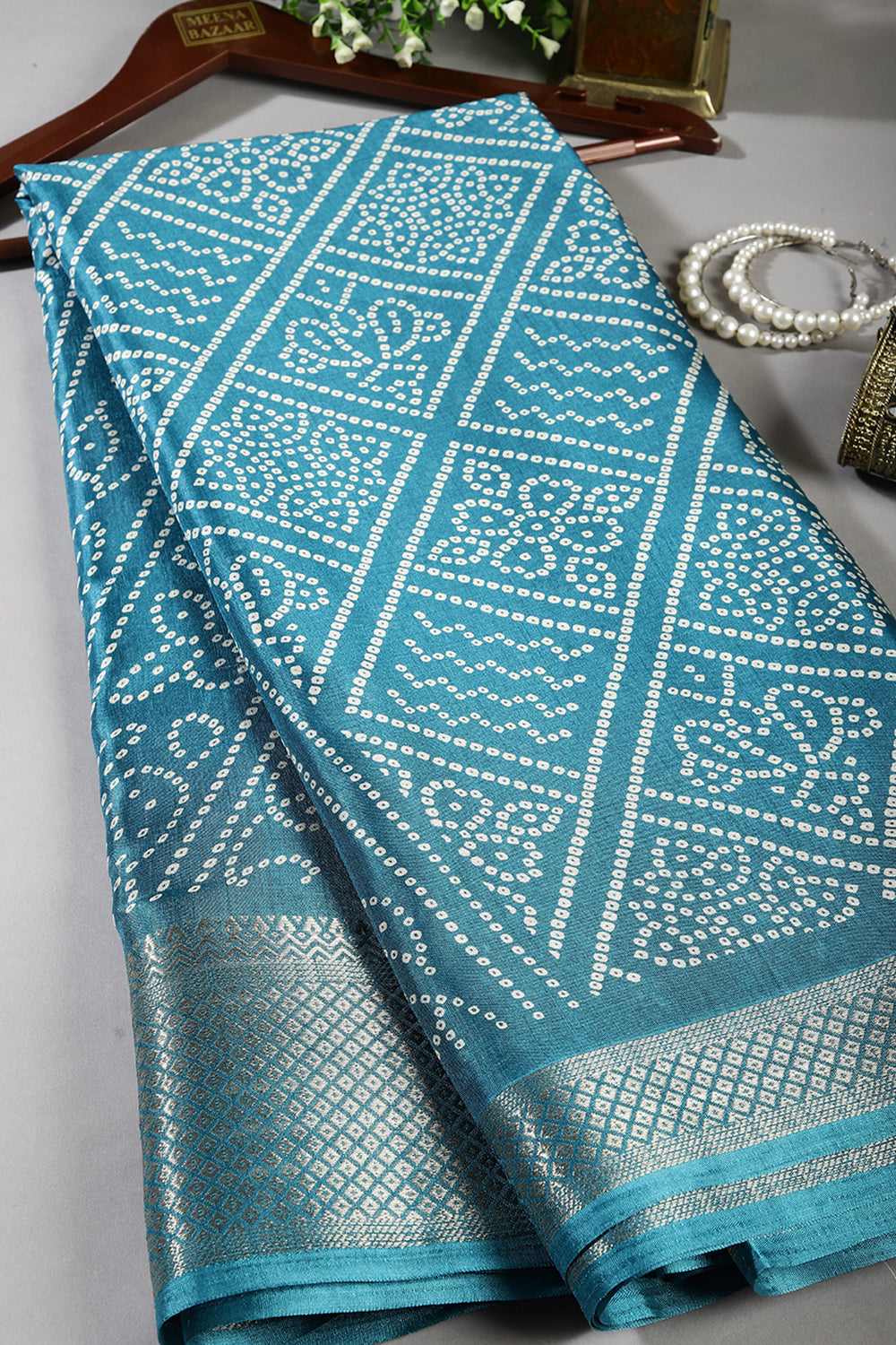 Turquoise Color Block Printed Cotton Silk Saree