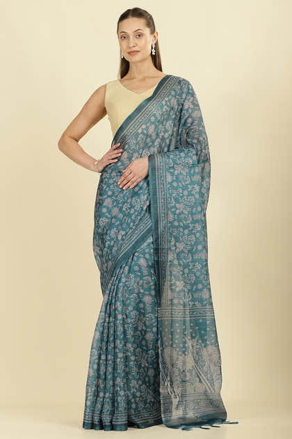 Teal Kota Cotton Floral Jaal Printed Saree