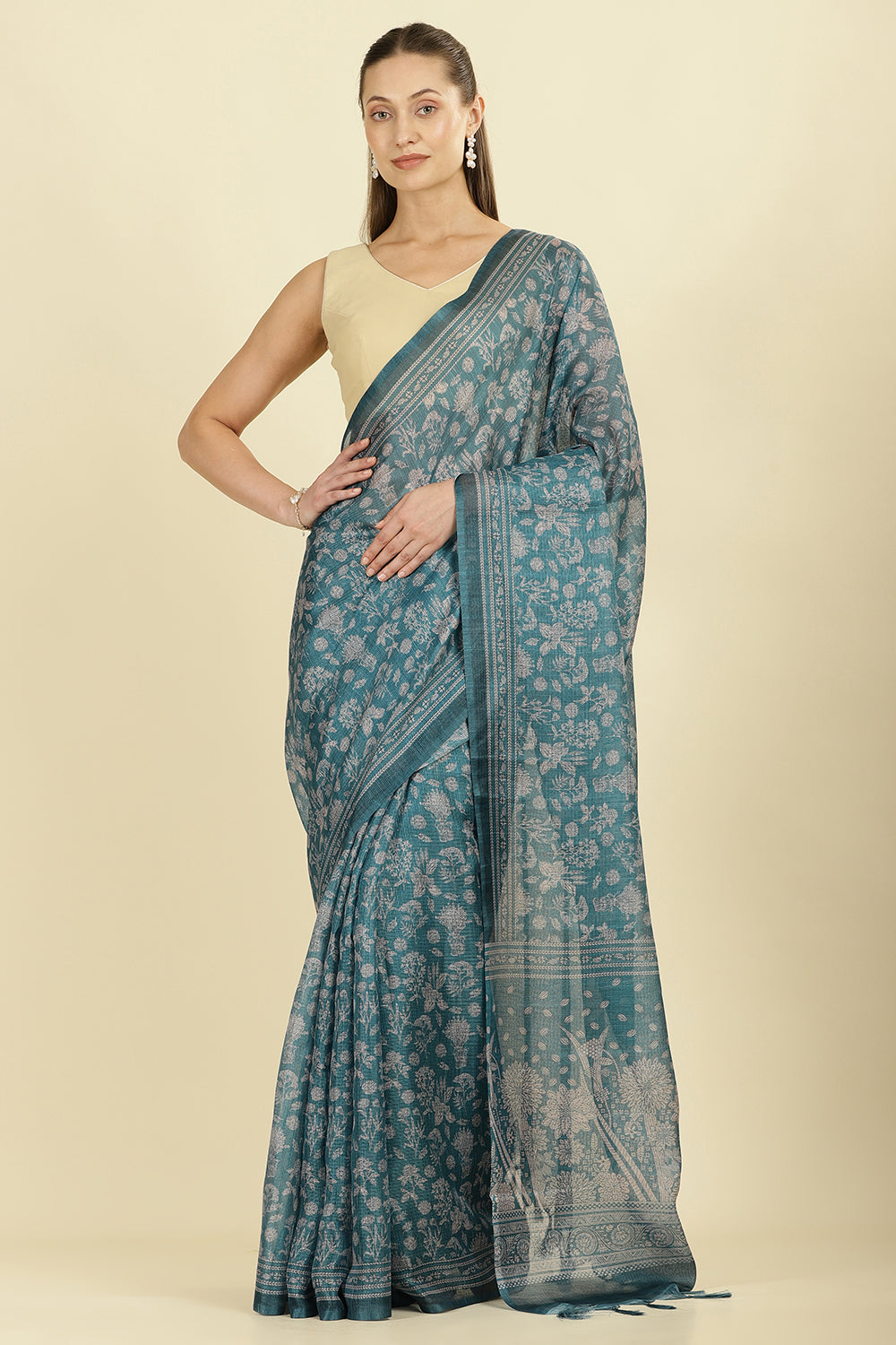 Teal Kota Cotton Floral Jaal Printed Saree