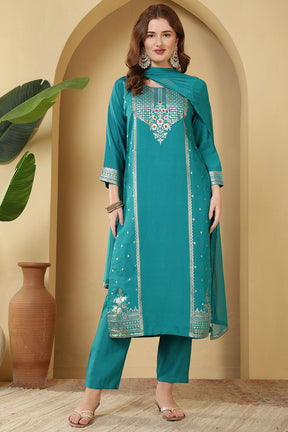 Turquoise Color Cotton Silk Printed & Neck Embroidered Suit