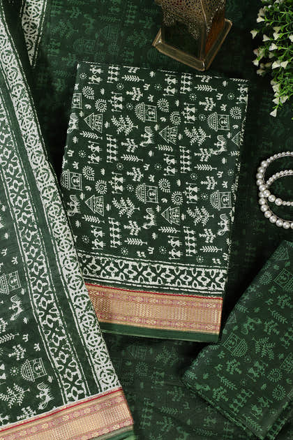 Bottle Green Warli Print Cotton Unstitched Suit Material