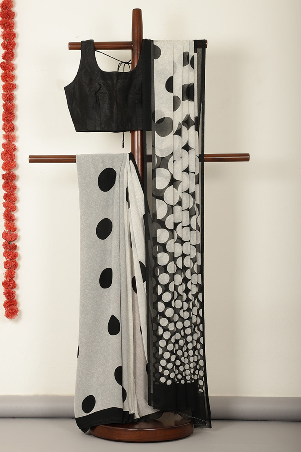 Grey & Black Polka Dot Printed Georgette Saree