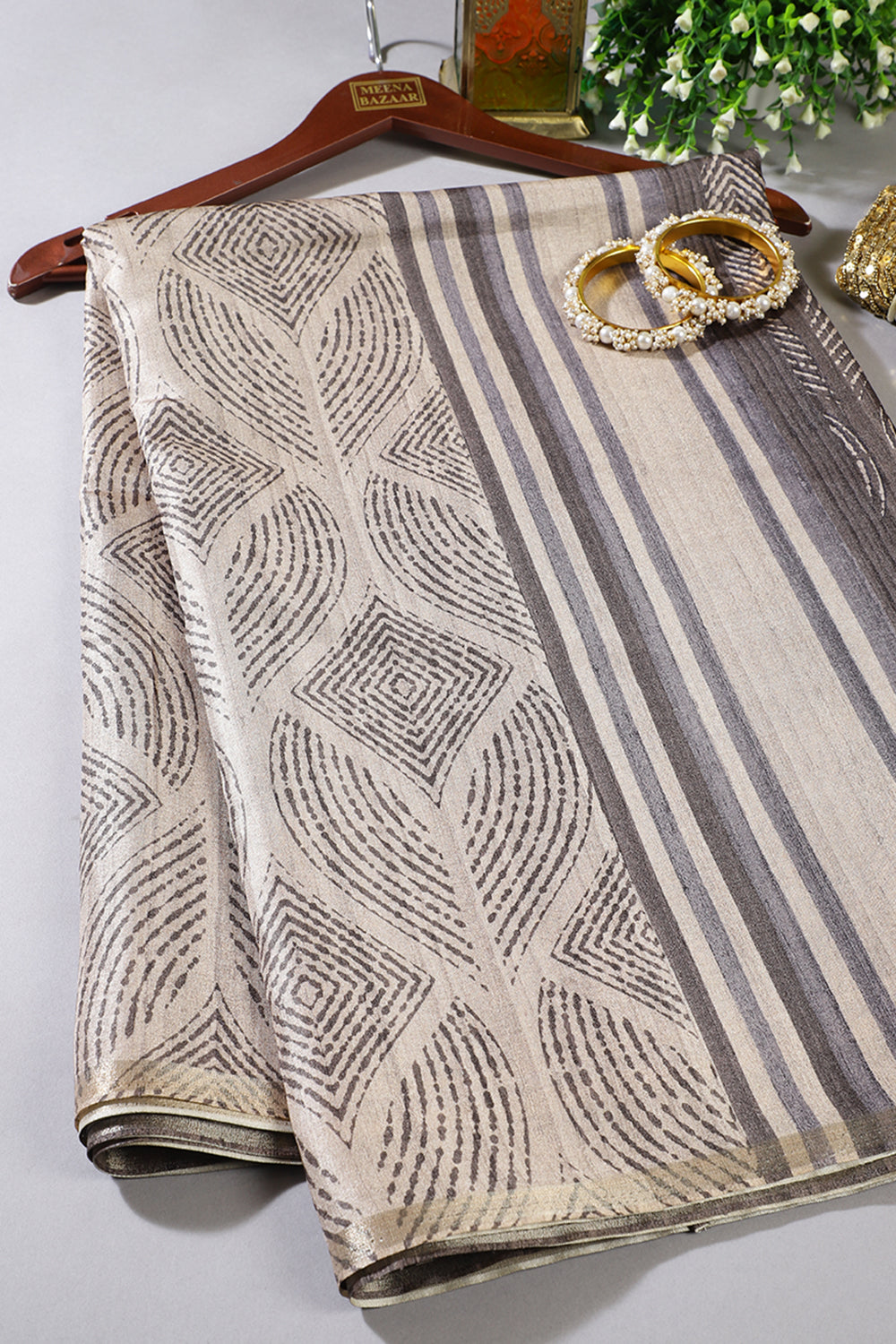 Beige & Sage Green Tussar Silk Printed Saree