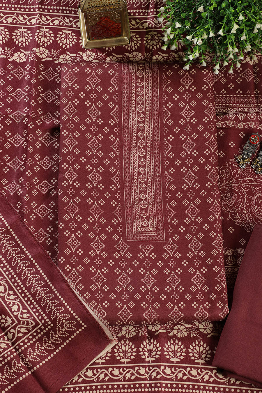 Wine Printed Pashmina Unstitched Suit Fabric
