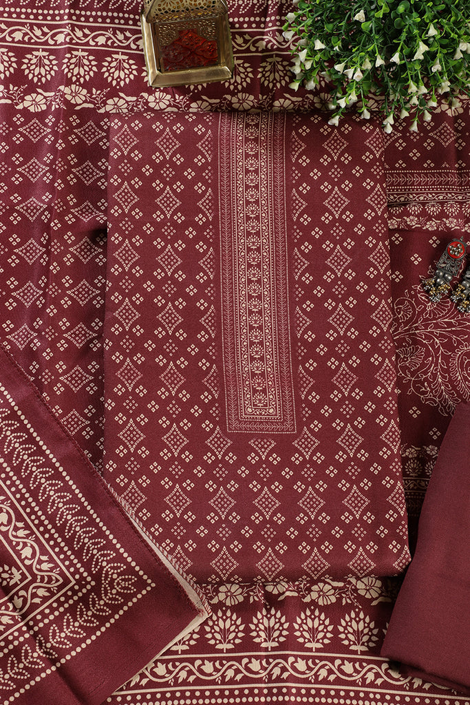 Wine Printed Pashmina Unstitched Suit Fabric