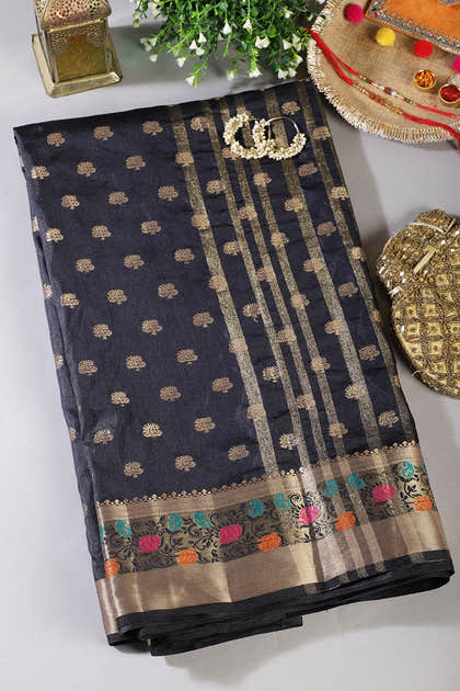Black Resham & Zari Woven Silk Saree