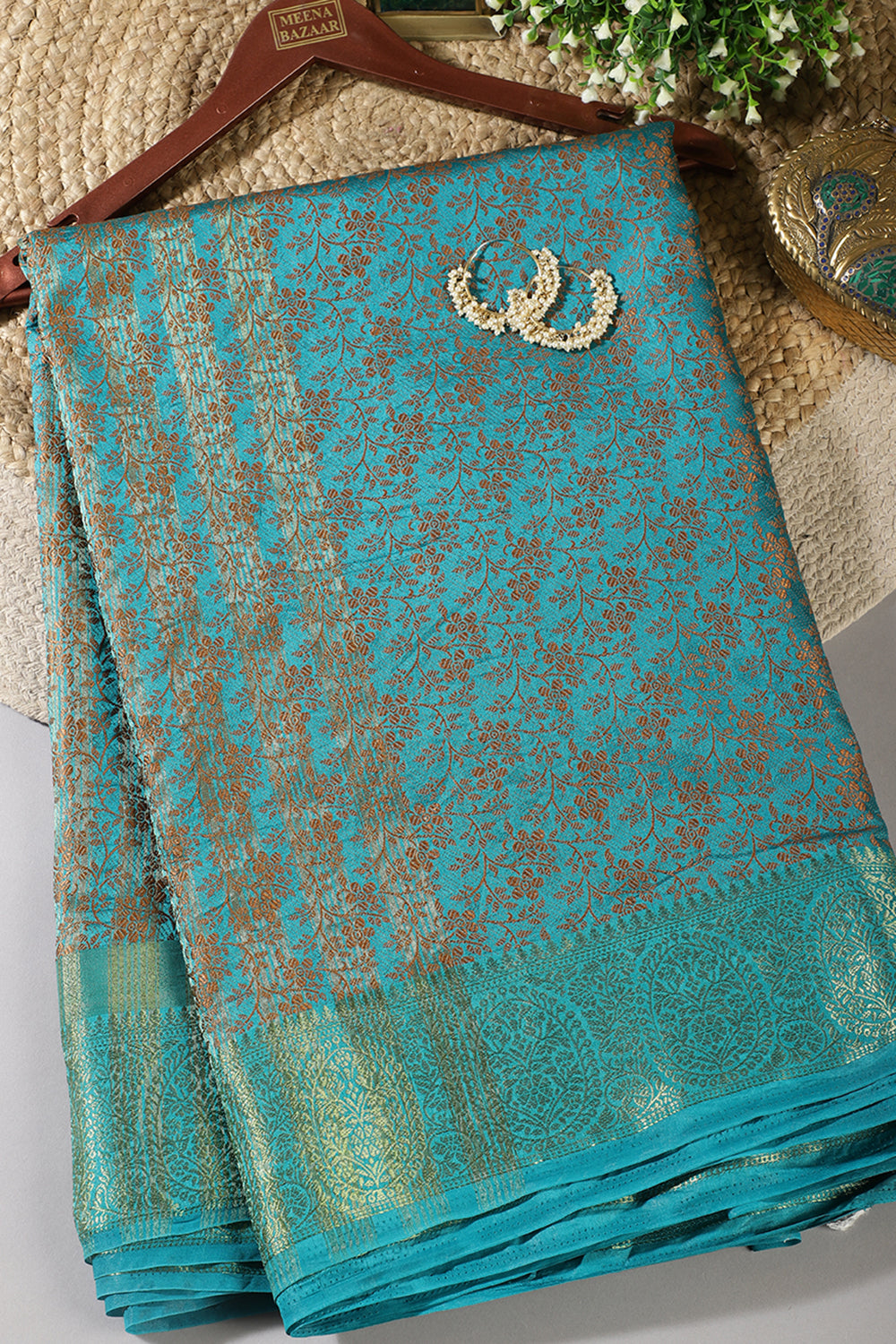 Teal Color Silk Floral Resham & Zari Woven Saree