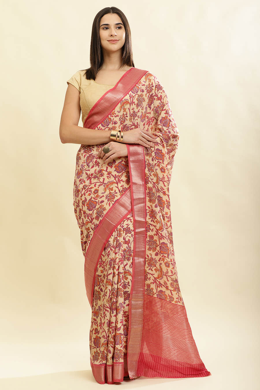 Beige & Pink Cotton Silk Floral Printed Saree