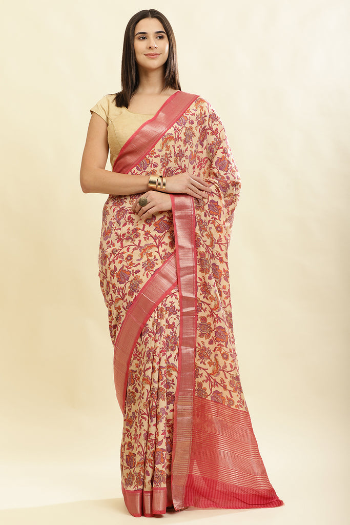 Beige & Pink Cotton Silk Floral Printed Saree