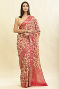 Beige & Pink Cotton Silk Floral Printed Saree