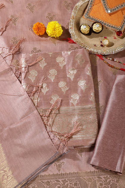 Dusty Peach Silk Zari Woven Unstitched Suit Material