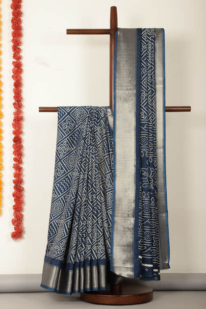Navy Block Printed Cotton Silk Saree