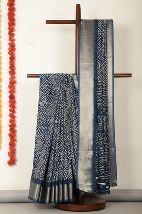 Navy Block Printed Cotton Silk Saree
