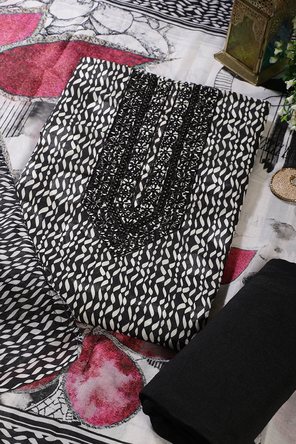 Black & White Rayon Cotton Printed & Neck Embroidered Unstitched Suit