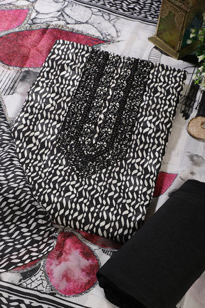 Black & White Rayon Cotton Printed & Neck Embroidered Unstitched Suit
