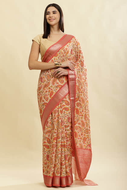 Pink & Beige Cotton Silk Floral Boota Printed Saree