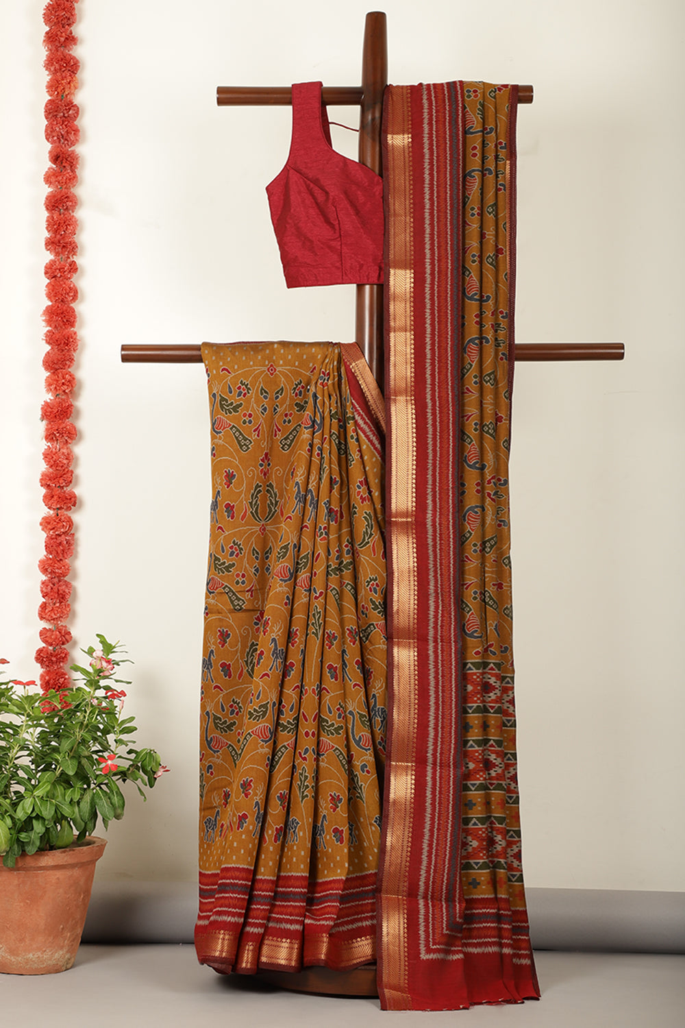 Mustard Kalamkari Printed Cotton Saree