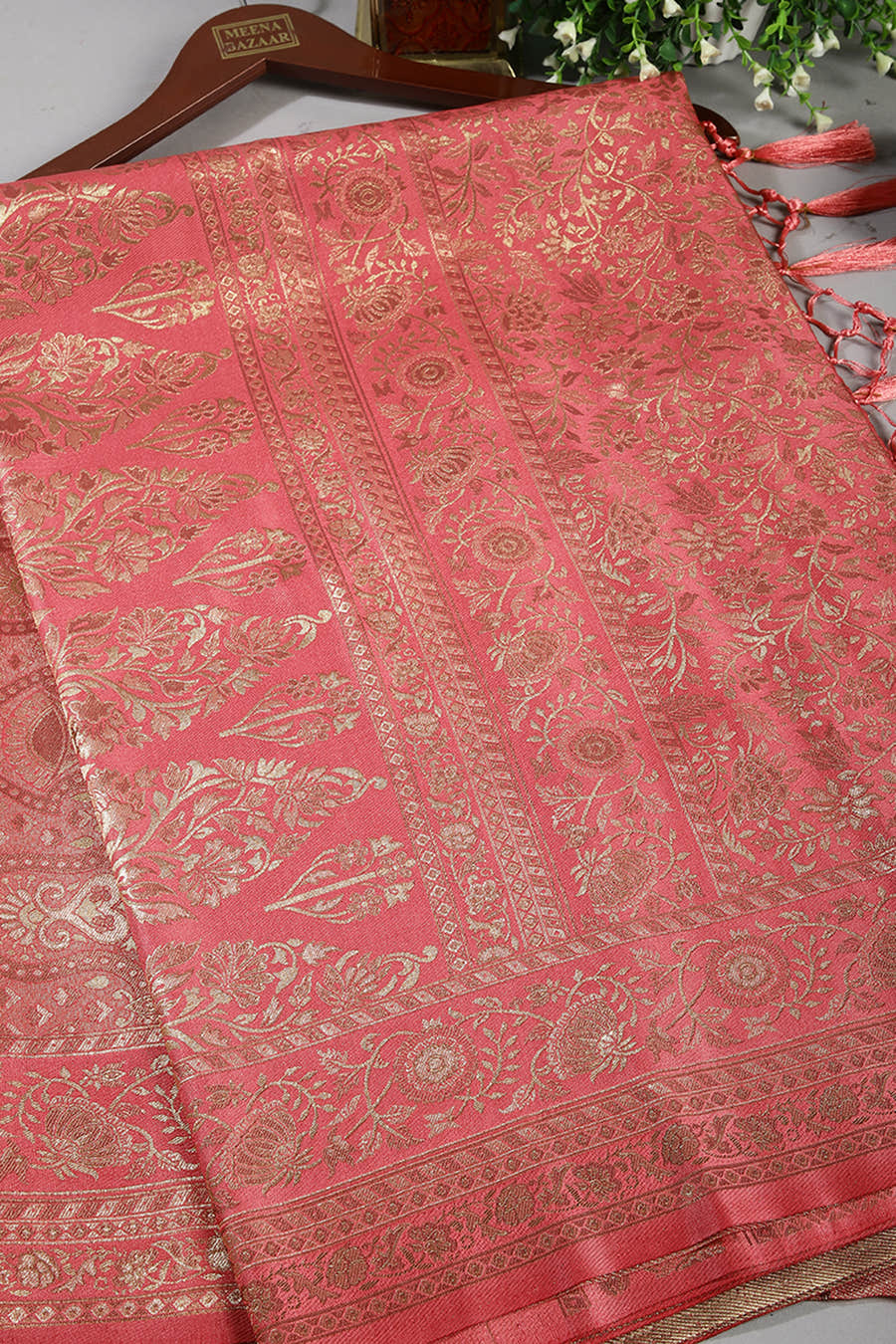 Dark Coral Colour South Silk Heavy Woven Saree