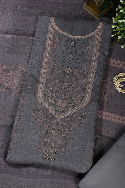 Grey Floral Jaal Printed Spun Unstitched Suit Material