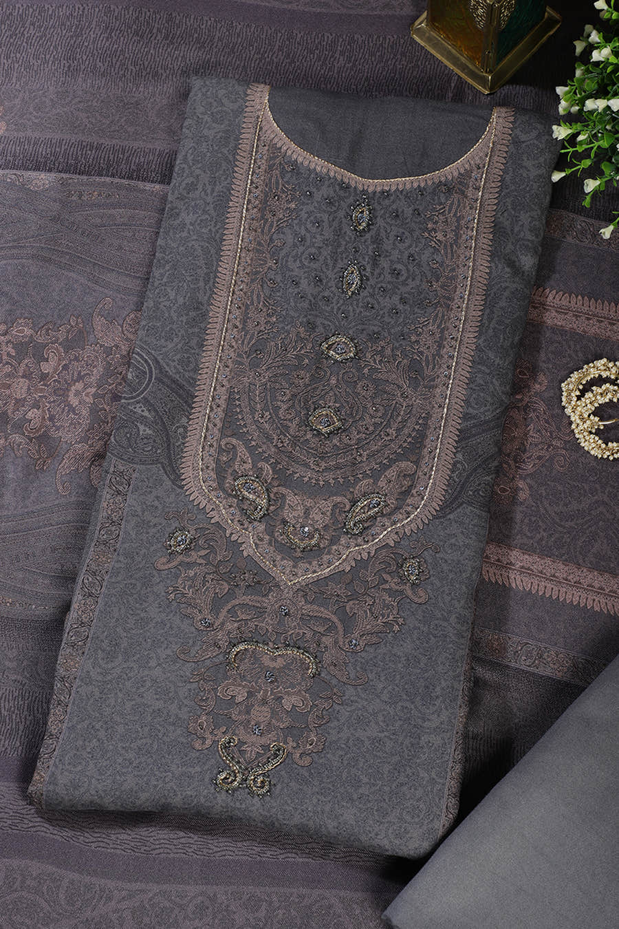 Grey Floral Jaal Printed Spun Unstitched Suit Material
