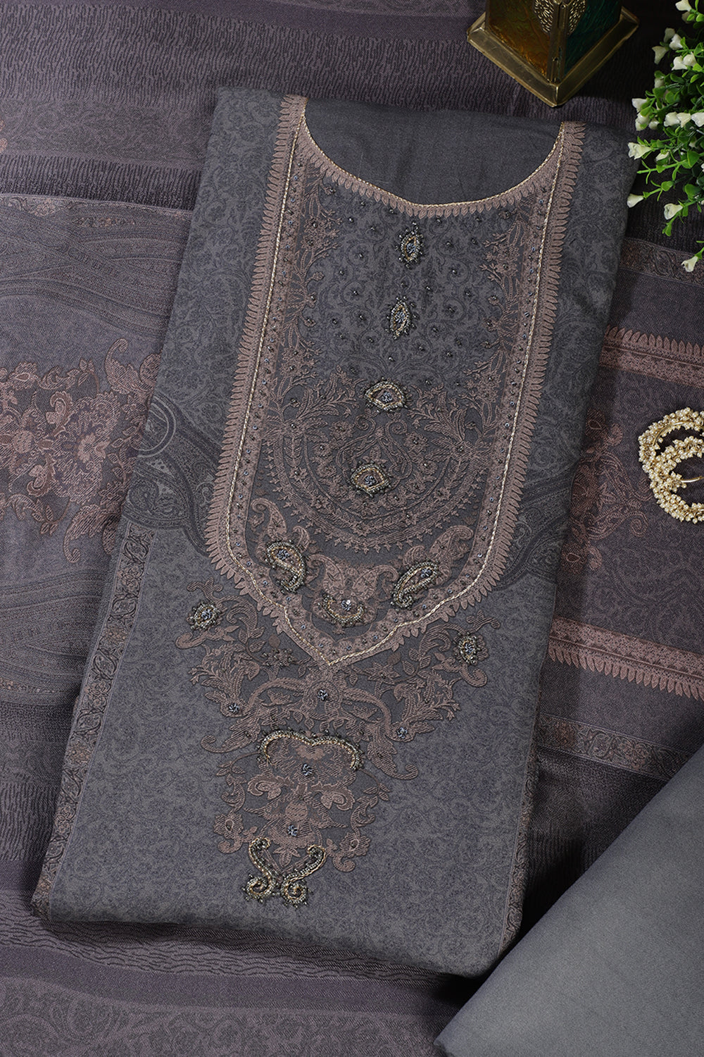 Grey Floral Jaal Printed Spun Unstitched Suit Material