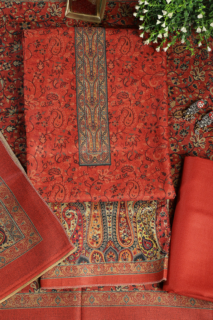 Dark Orange Pashmina Digital Printed Unstitched Suit Fabric