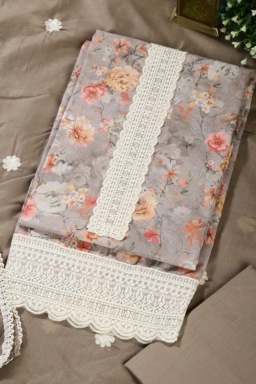 Brown Color Cotton Flower Printed and Lace Work Unstitched Suit Fabric