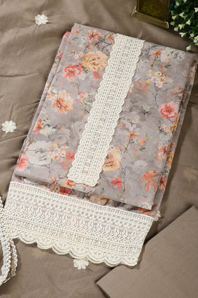 Brown Color Cotton Flower Printed and Lace Work Unstitched Suit Fabric