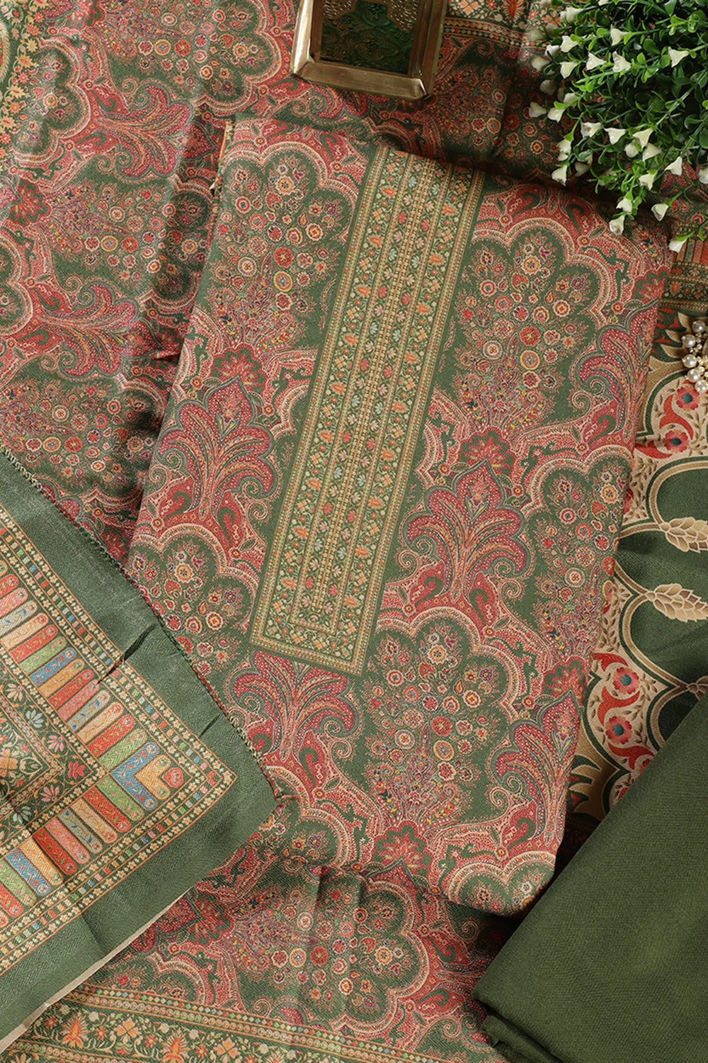 Green Colour Pashmina Digital Printed Unstitched Suit Fabric