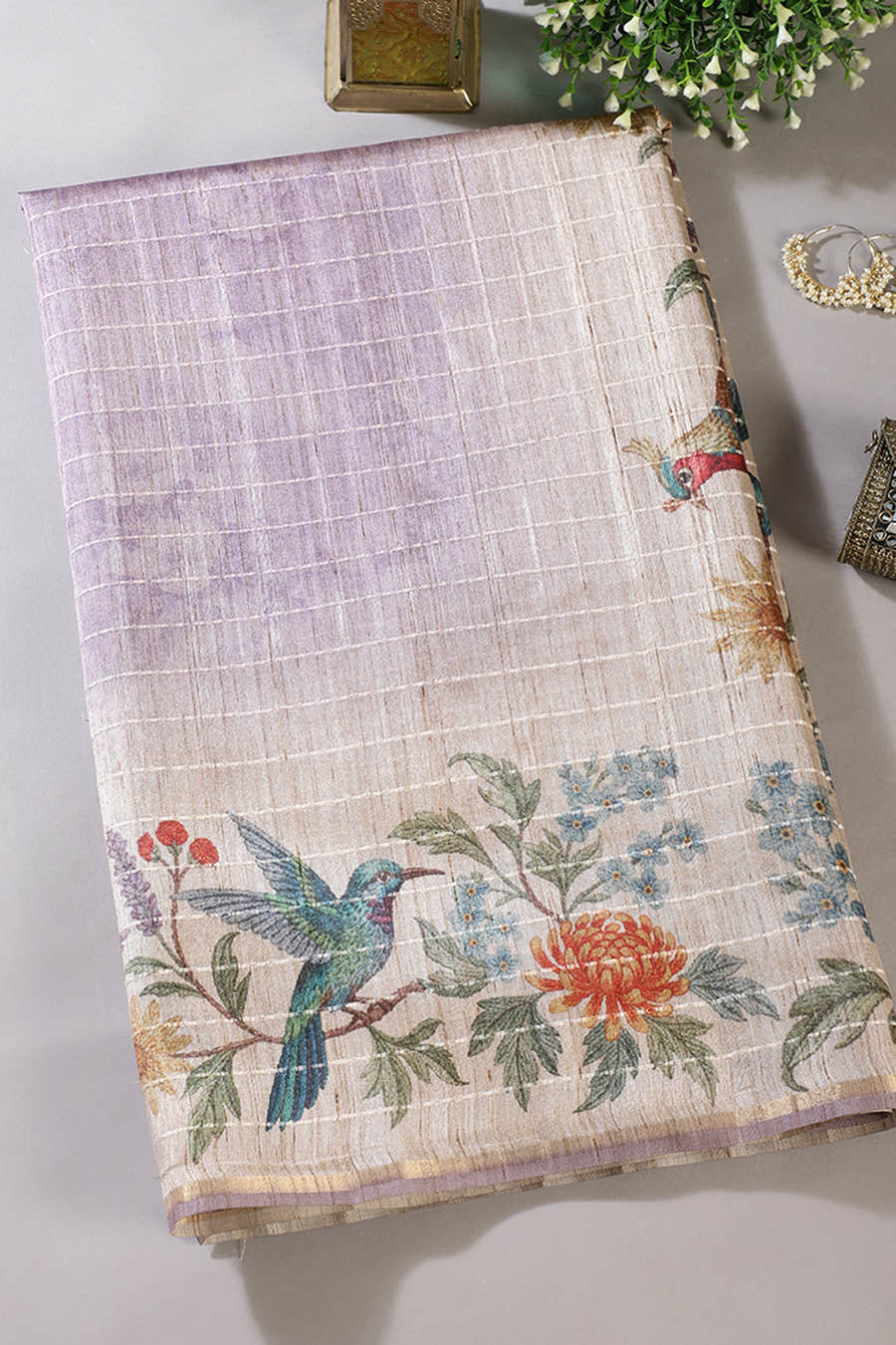 Mauve Tussar Silk Printed Saree