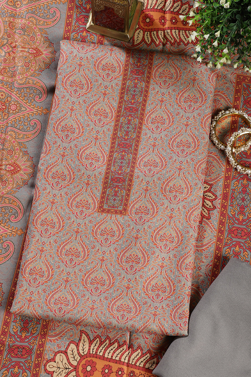 Grey Pashmina Digital Printed Unstitched Suit Fabric
