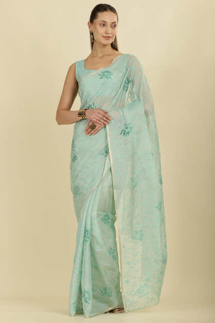 Turquoise Floral Resham Embroidered Cotton Saree