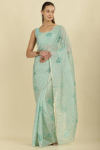 Turquoise Floral Resham Embroidered Cotton Saree
