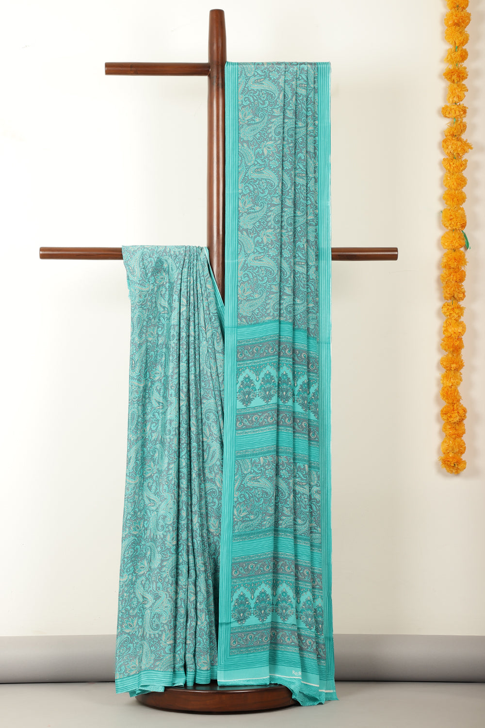Turquoise & Grey Floral Printed Crepe Saree