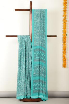 Turquoise & Grey Floral Printed Crepe Saree