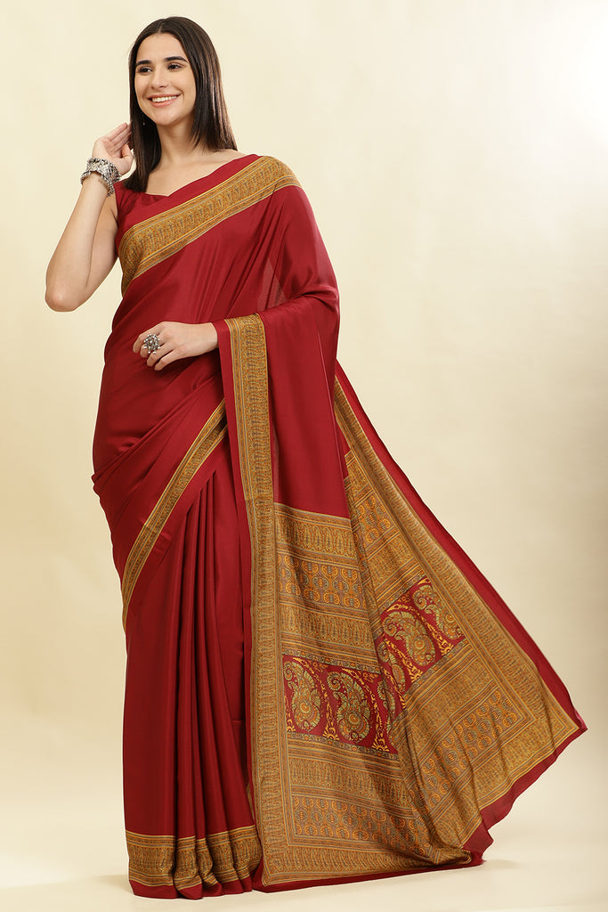 Maroon Crepe Printed Saree